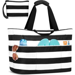 Women's Black White Waterproof Sandproof Xl Tote Zipper Foldable Beach Bags